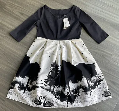 ZAFUL  Black & Cream 3/4 Sleeve Cotton Dress Swans On River Print Size XL NWT • £17