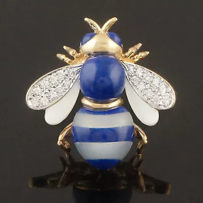 Detailed Solid 18K Gold Lapis Mother Of Pearl & Diamond Bee Insect Pin Brooch • $650