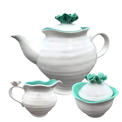 Grace's Teaware 3 PC Tea Set White Porcelain W/3D Turquoise Floral Lid/Trim • $60