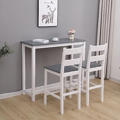 £114.99 • Buy Wooden Bar Table Set 2 Stools Dining Room Breakfast Chair Metal Frame White Grey