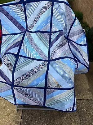 Handmade Patchwork Quilt/throw “string” Blue 44” X 55” • £30