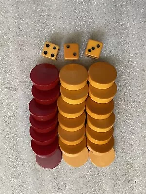 VINTAGE Red & Butterscotch Backgammon Checker Poker 21 Bakelite Chips & 3 Dices • $65