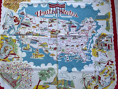 VTG United States Pictorial Map Tablecloth Lower 48 Capitols Tourist Sites AS IS • $85