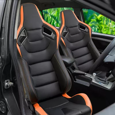 1 Pair Universal Car Racing Seats PU Leather Sports Seats W/Sliders Black Orange • $354.99