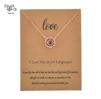 I Love You In 100 Languages Circle Pendant Gold Chain Necklace Card Gift • $8.90