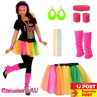 Ladies 80s Costume Set 1980s Party Girl T-shirt Rainbow Skirt Girls Fancy Dress • $37.99