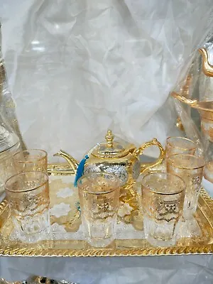 Moroccan Handmade Golden Tea Set TeaPotTea TraySet Of 6Tea Glasses *NEW* • $235