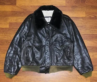 Rare Vintage SEARS The Leather Shop Sherpa Collar Lined Jacket 80s Brown 46 G-1 • $35
