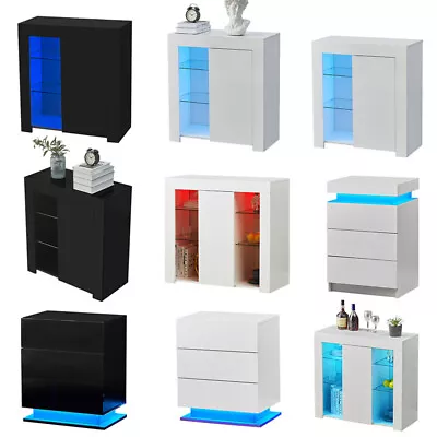 High Gloss Cupboard Cabinet Display Sideboard Storage With Door Glass LED Light • £85.99