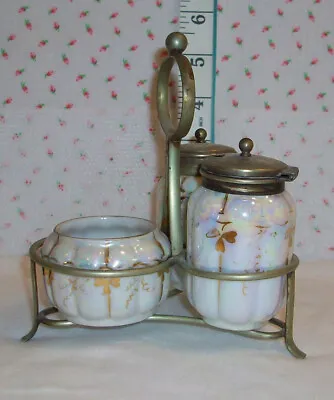 Vintage Lusterware Pearlescent Finish Three Piece Condiment Set With Stand • $29