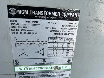 30 KVA Transformer 3 Phase - AD370-E0648 - 208 - 480Y/277 MGM • $900