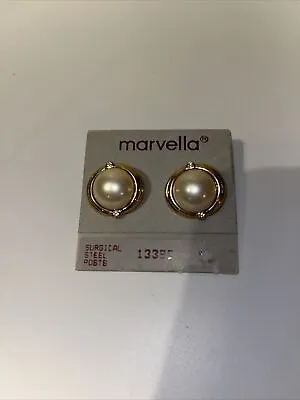 Vintage Marvella Gold And Pearl Large Round Pierced Earrings - Estate • $18.99