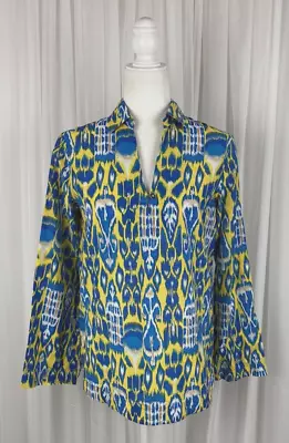 C Wonder Women Size S Blue Yellow Pullover V-Neck Cotton Silk Long Sleeve Blouse • $9.97