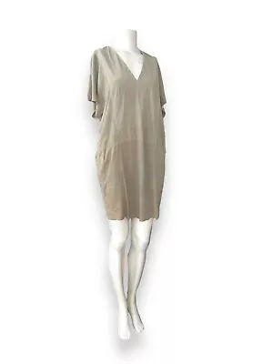 VINCE Leather Shift Dress V-Neck Short Sleeve Beige Size S • $99