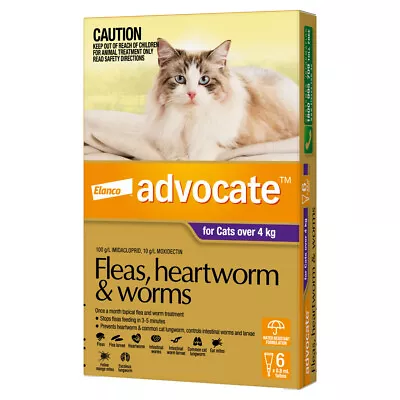 Advocate(TM) Fleas Heartworm & Worms For Cats Over 4kg - 6 Pack • $114.94