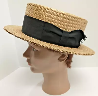 Vintage Antique Mens JOHN COURTLEIGH Woven Straw Boater Skimmer Hat Size 6 7/8 • $84.90