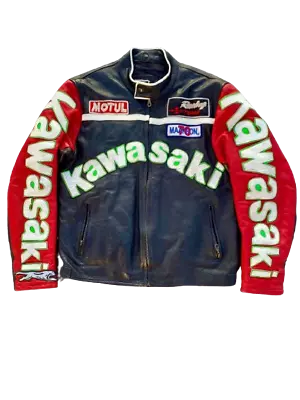 Men’s Kawasaki Racing Black & Red Motorbike MotoGP Cowhide Leather Biker Jacket • $64.99