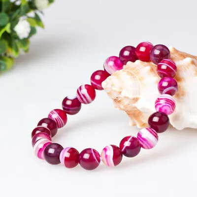 Natural Pink Laced Agate Striped Bracelet Stone Bead Charm Heal Gift 6mm 8mm 10 • £4.49