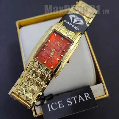 Men's Hip Hop Gold Finish Bling Luxury Iced Red Dial Metal Watch & Bracelet Set  • $24.99