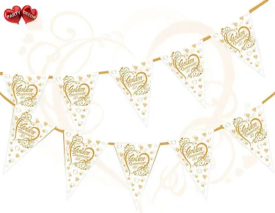 Golden Wedding Party Bunting Decoration Pack 50th Anniversary 15 Pennants & Tape • £3.20