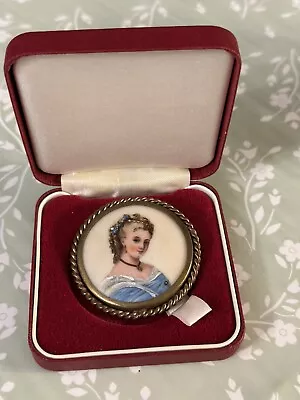 Vintage Limoges Gold Tone Brooch Porcelain Plaque Lady Portrait In Box. Original • £40