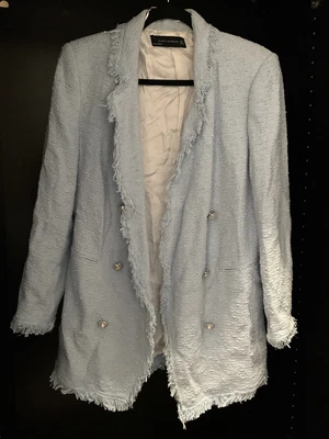 $4.99 • Buy Zara Women's Baby Blue Tweed Coat With Fringe Trim Size Medium