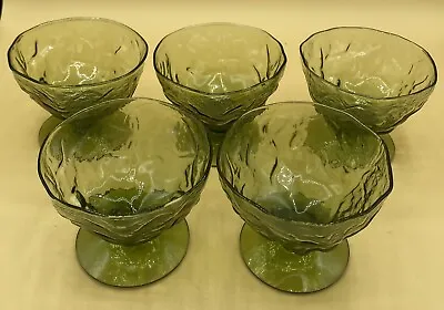 Vintage Morgantown Avocado Seneca Driftwood Crinkle Glass Sherbet Cups Set Of 5 • $24.99