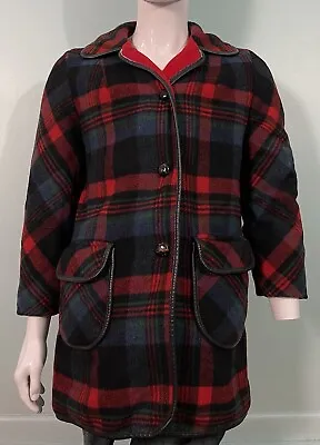 Vintage Wool Plaid Leather Trim Button Down Barn Jacket Chore Coat • $35