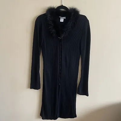 Vintage Y2K Long Ribbed Open Sweater Cardigan Feather Trim Faux Fur Jacket M • $35