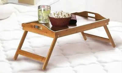 New Bamboo Wooden Breakfast Serving Tray Bed Laptop Table Trays Folding Leg • £12.99