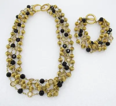 Swarovski S.A.L. Signed Gold Black Disc Crystal Beaded Necklace & Bracelet Set • $75