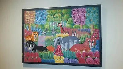 Vintage Haitian Painting J. Frantz Original 94 24 X 28 Jungle  • $399