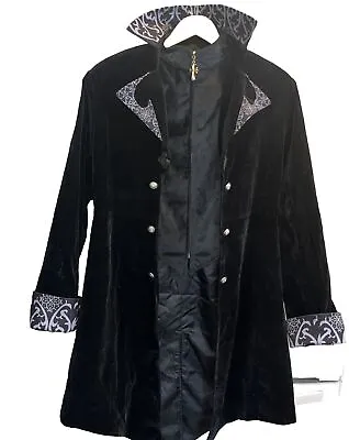 L BLACK VELVET Vampire VEST/Coat Steampunk Pirate GOTH CROSS Zipper Gray Cuffs • $85