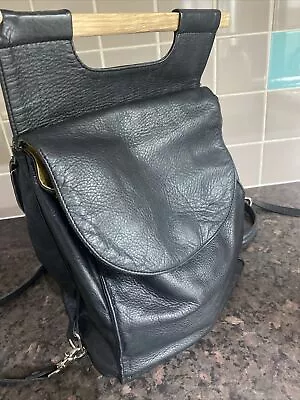 Kate Sheridan Bag Black Grain Leather Rucksack Style Handbag Wooden Handles • £125