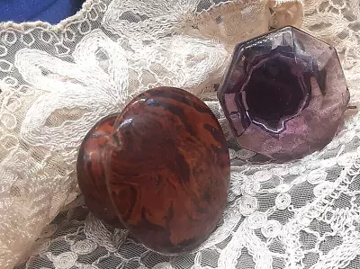 2 Antique Vintage Purple Lavender Glass Door Knob Brass Amethyst + Tiger Swirl • $59.99