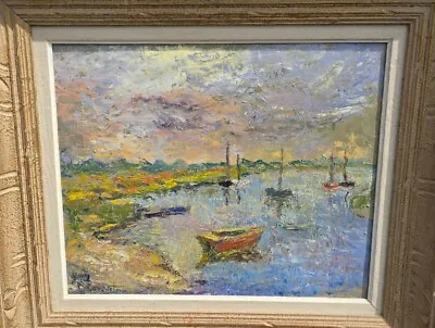 Vintage Impressionist Oil Painting Boats On River In The Manner Of Claude Monet  • $1200