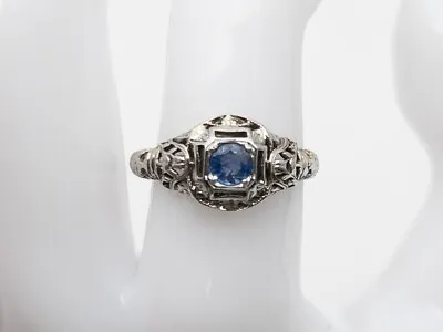 Antique 1920s $1500 .50ct Ceylon Blue Sapphire 18k White Gold Filigree Ring • $395