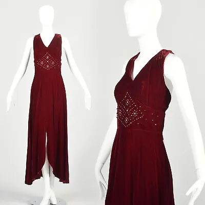 Large 1970s Red Velvet Dress Beaded Waistband Sleeveless High Thigh Slit Maxi • $270