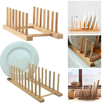£11.49 • Buy Wooden Dish Stand Glass Plate Storage Holder Drying Drainer Kitchen Cabinet Rack