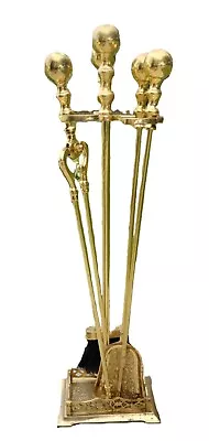 Brass 5-PIECE Fireplace Tool Set Poker Tongs Broom W/ Embossed Design On Shovel • $99.99