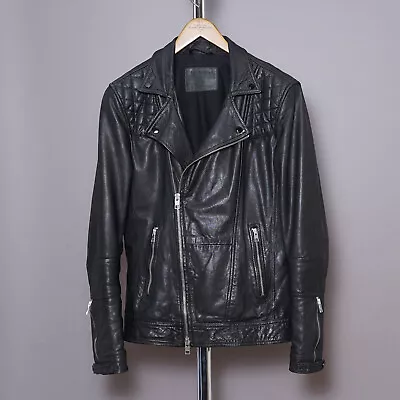 ALL SAINTS Leather Biker Jacket SMALL Mens Black Moto Bomber Celebrity Kushiro S • £189.99