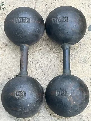 2 RARE Vintage York 60 Lb Cast Iron Globe Dumbbell Set - 120 Lbs Nice Nice • $995