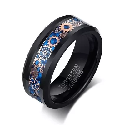 Men 8mm Black Tungsten Carbide Rose Gold Steampunk Gear Blue Carbon Fiber Ring • $33.60