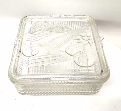 Vintage Federal Glass Clear Refrigerator Dish Box W/Embossed Vegetable Lid READ • $34.88