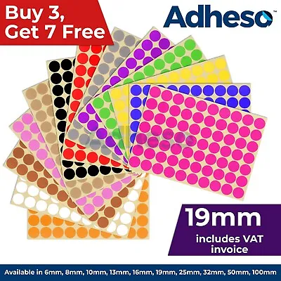 Adheso 19mm Coloured Dot Stickers Round Sticky Dots Adhesive Circles Labels • £0.99