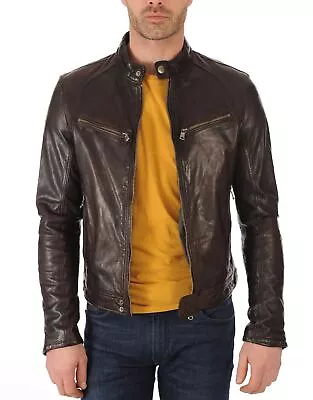 New Leather Jacket Mens Biker Motorcycle Real Leather Coat Slim Fit #590 • $118