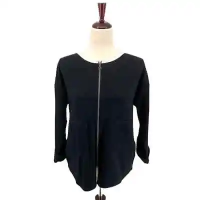 Joan Voss 8 Front Zip Jacket Cardigan Sweater Pitch Black Cotton Drop Shoulder • $24.75