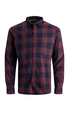 Jack & Jones Gingham Long Sleeved Twill Shirt Burgundy 1XL • £12.99