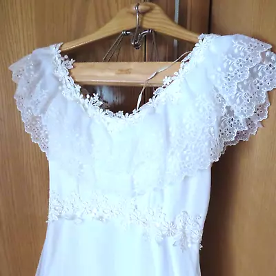 Vintage 1970's Women's Prairie Style Wedding Dress White Nylon & Lace Small • $70