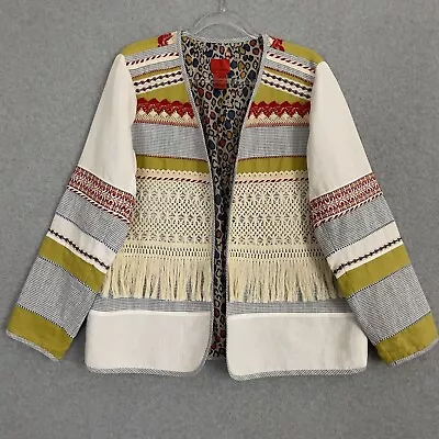 V Cristina Womens Jacket XL White Red Linen Embroidered Fringed Ribbon Stripe • $17.99